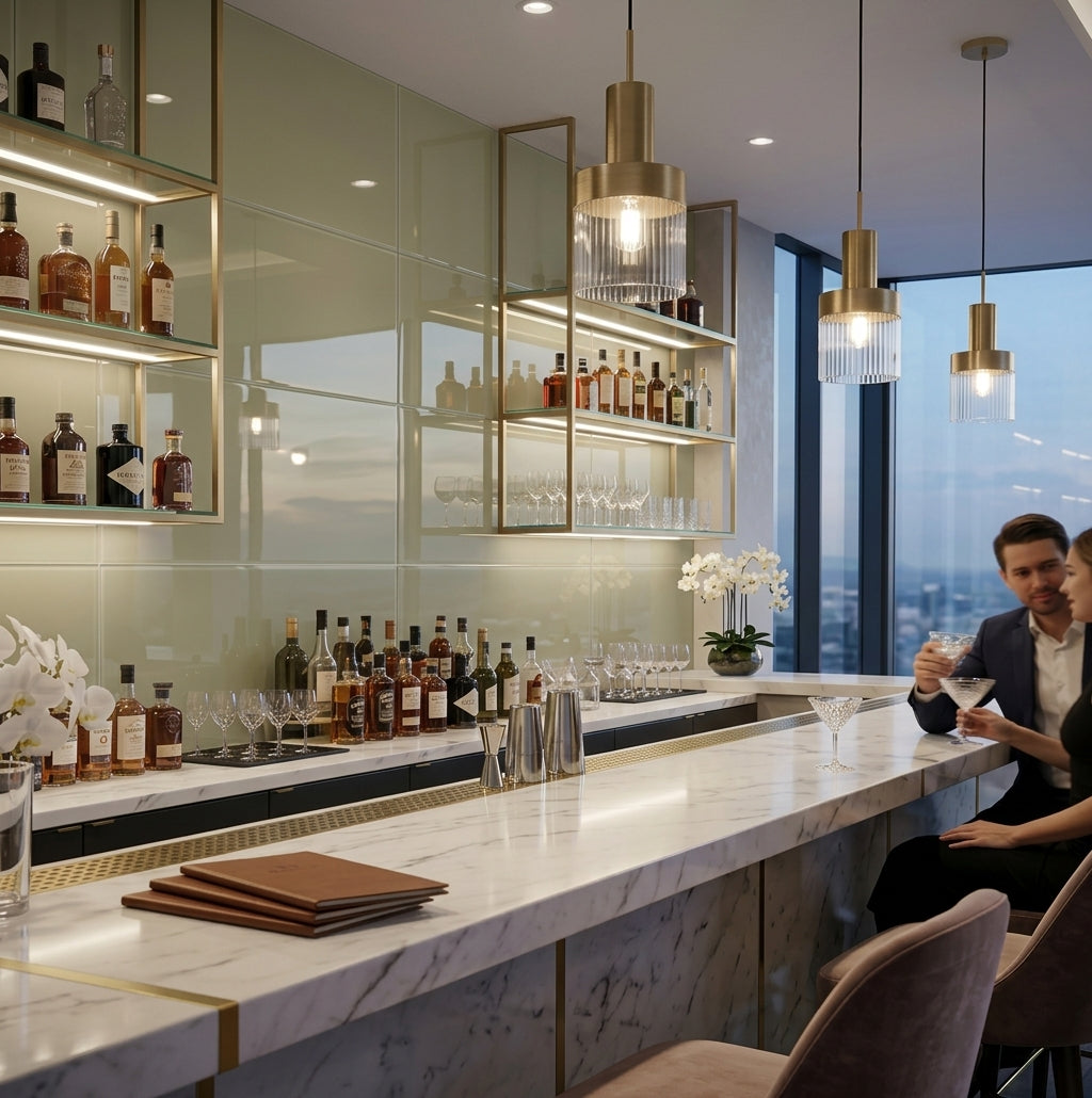 Interstyle 240 Creamy Vanilla 12" × 24" back-painted glass tile installed as a sophisticated feature wall in a bright, modern bar, with elegant shelving, brass accents, and natural light highlighting the tile’s soft creamy colour and reflective glass surface.